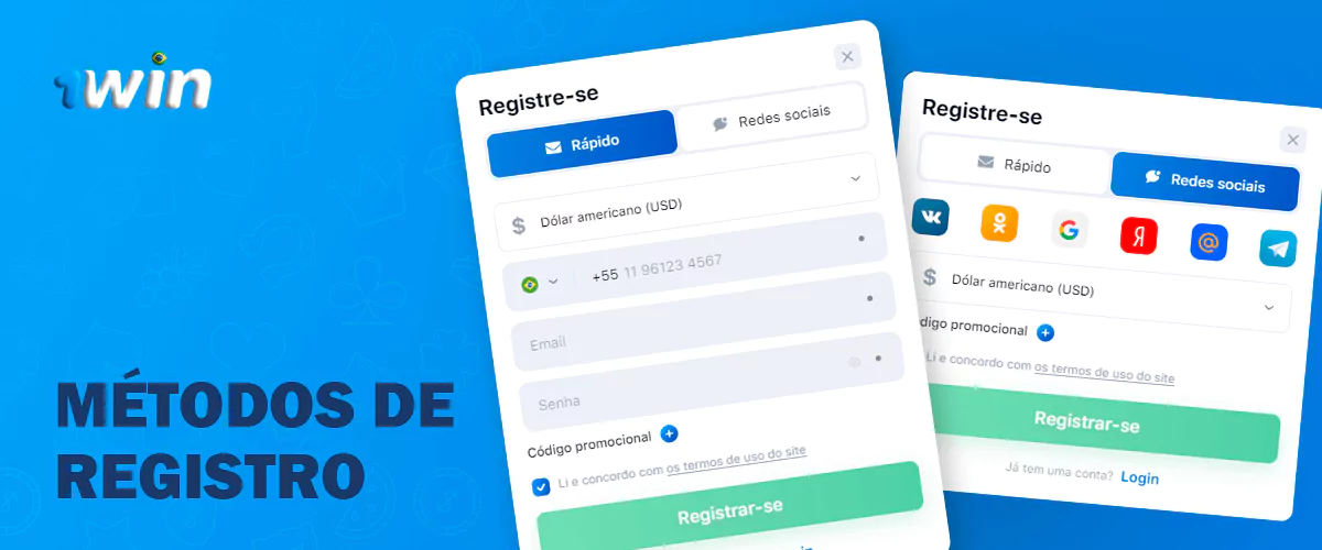 Métodos de registo no casino online 1WIN